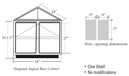 BAC24: Kitchen Angled Base Cabinet, Diagonal, 24"W x 34-1/2"H x 24"D x 34"W front