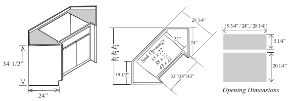 BSD45: Kitchen Diagonal Sink Base Cabinet, 45"W along the wall x 34-1/2"H x 24"D